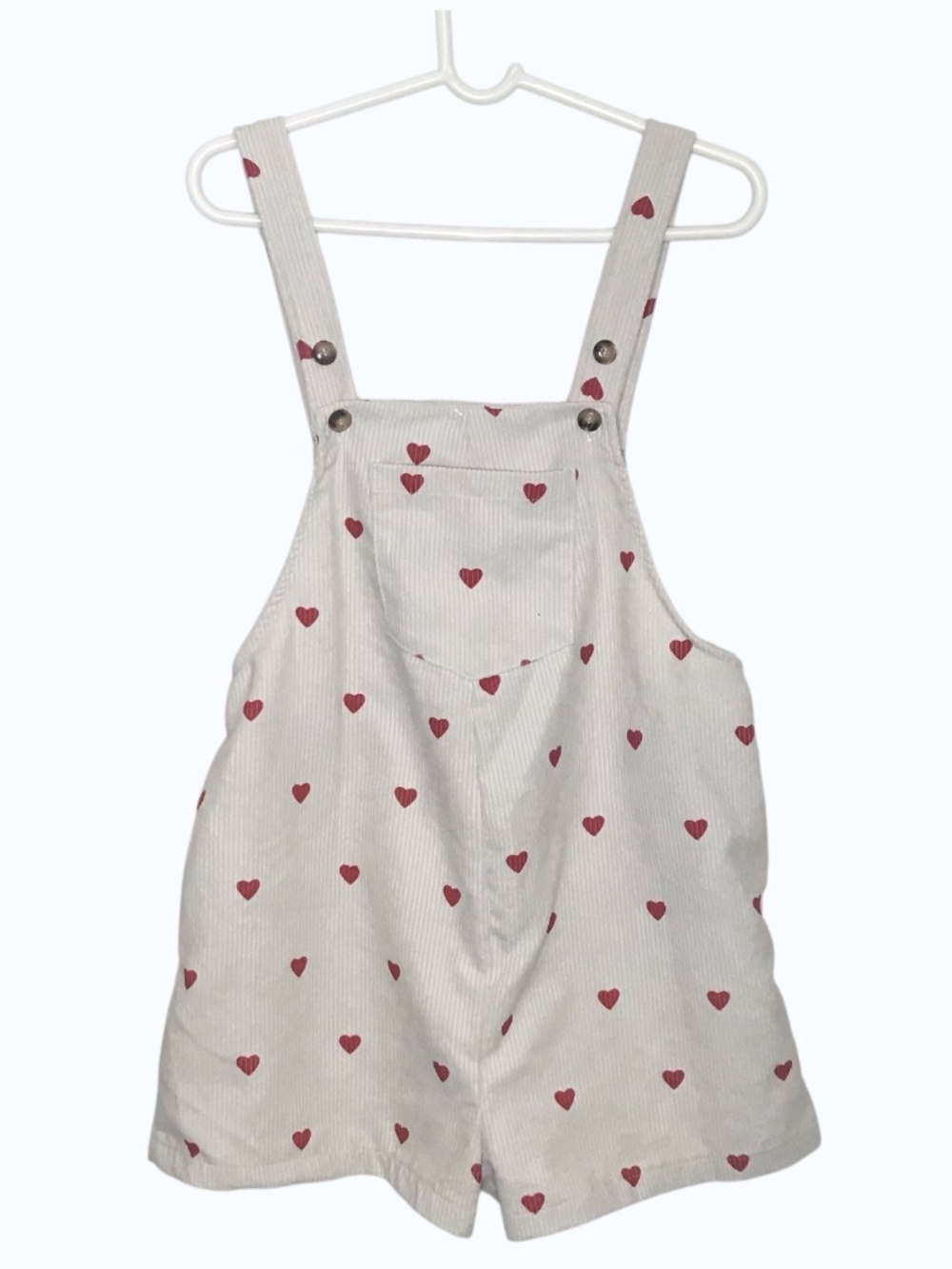 Heart Print Corduroy Short Overalls Romper Cream Pink Dungarees M/L
